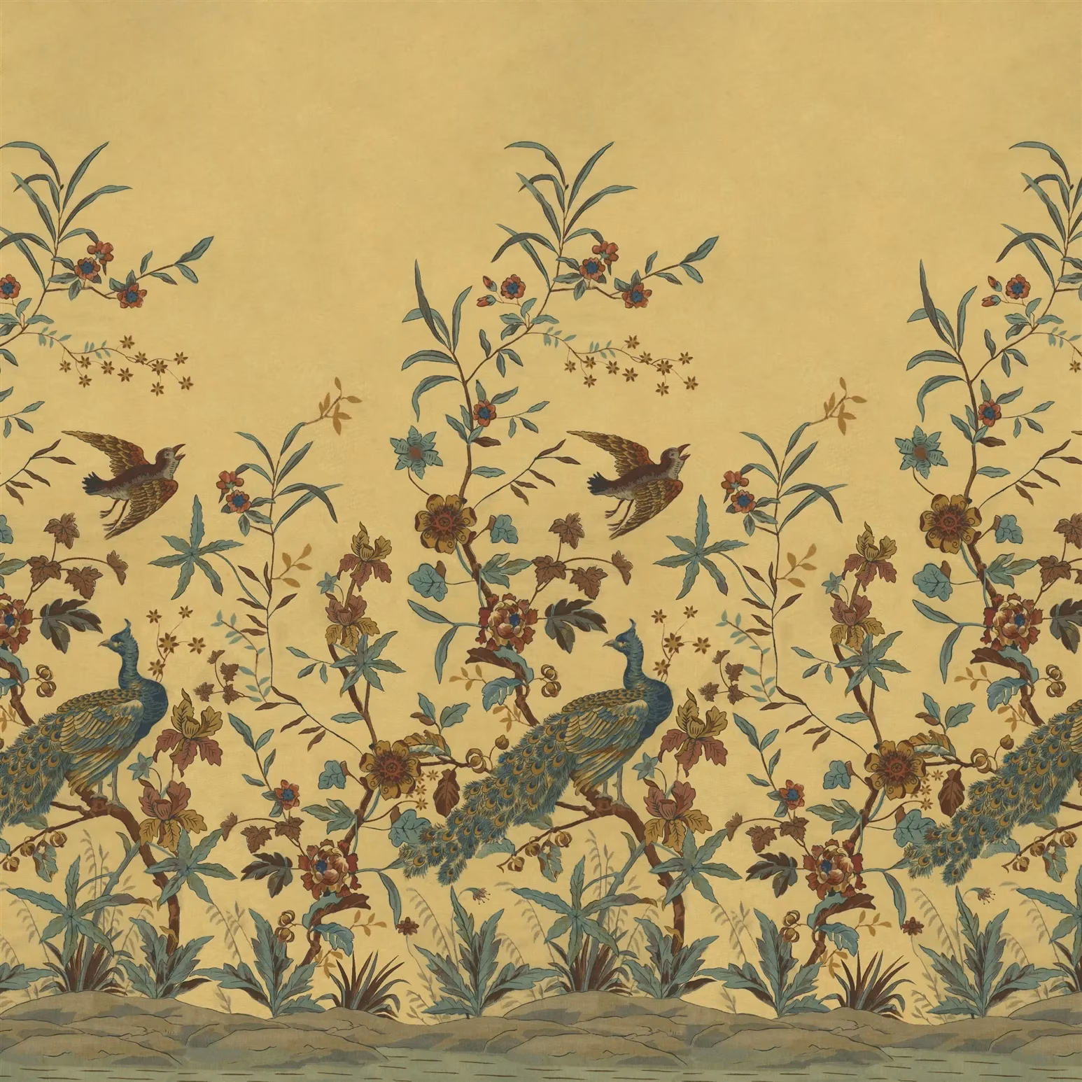Peacock Toile Scene 1 Sepia fabric