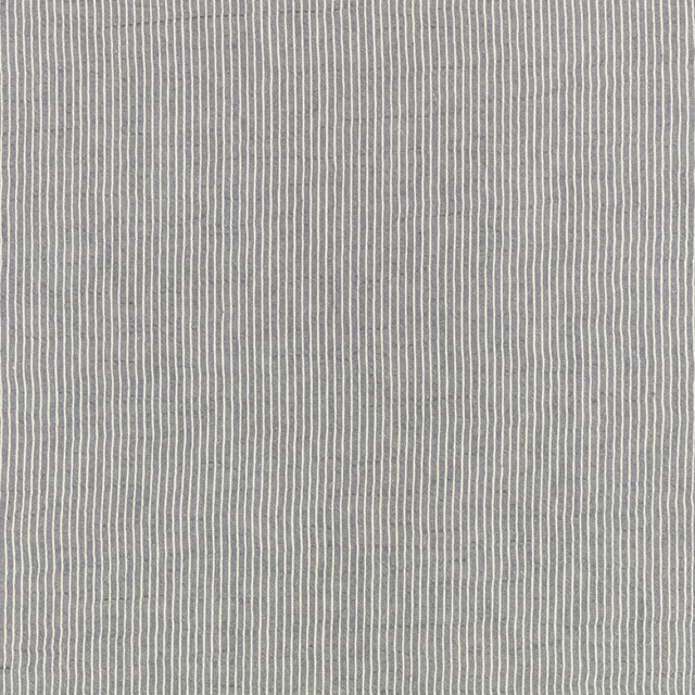 Muted blue-grey fabric with fine, irregular pale vertical stripes and a lightly textured weave