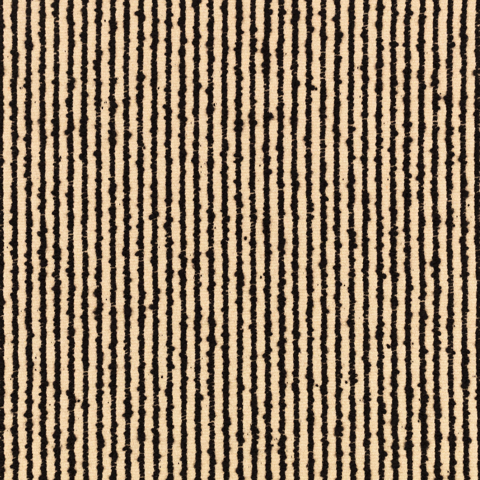 Cream woven upholstery with irregular black vertical stripes and a nubby tactile texture