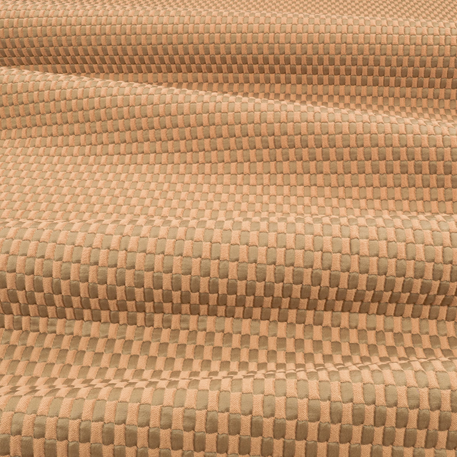 Muted olive and tan geometric upholstery weave with raised rectangular texture