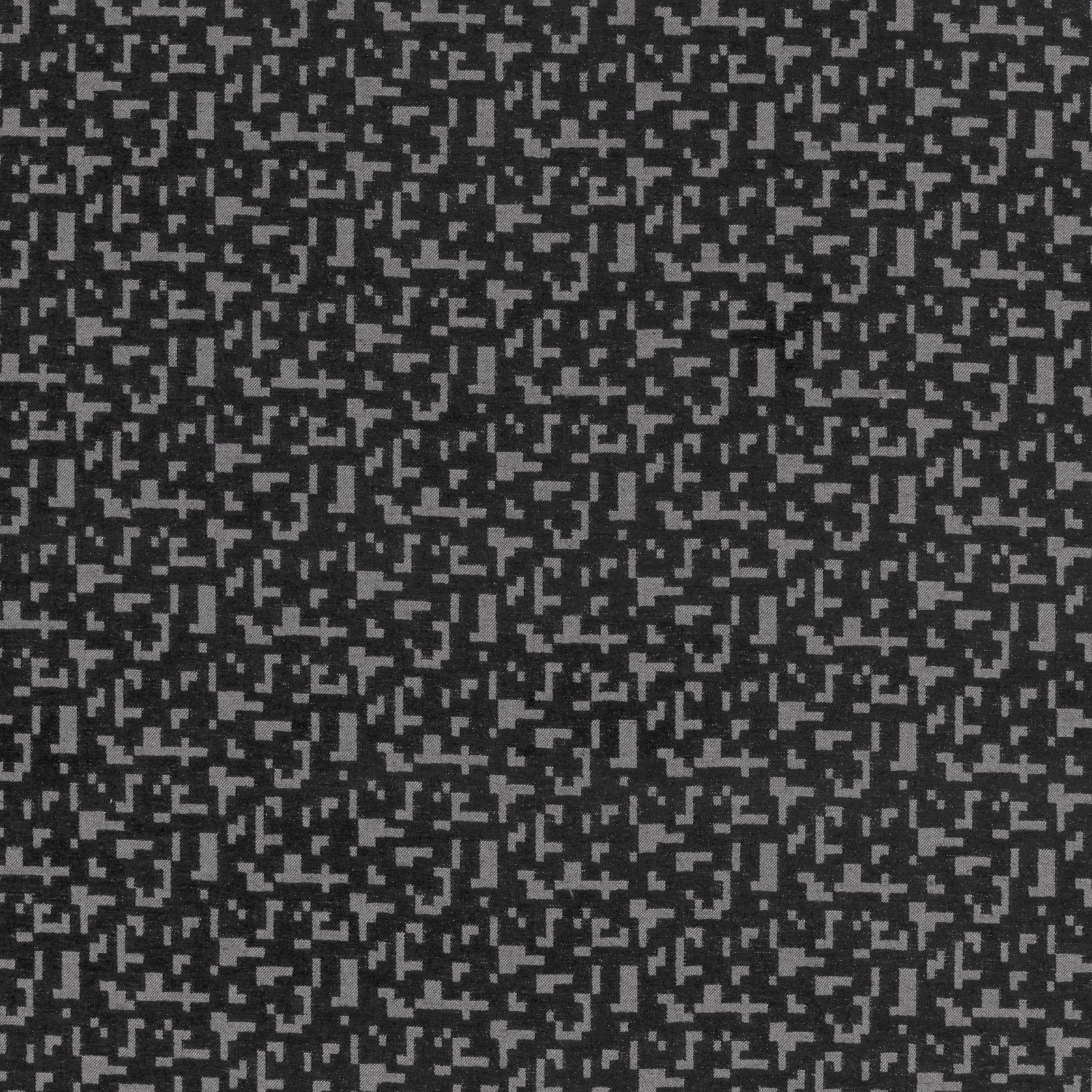Charcoal woven fabric with scattered light-grey pixel motifs and subtle textural depth