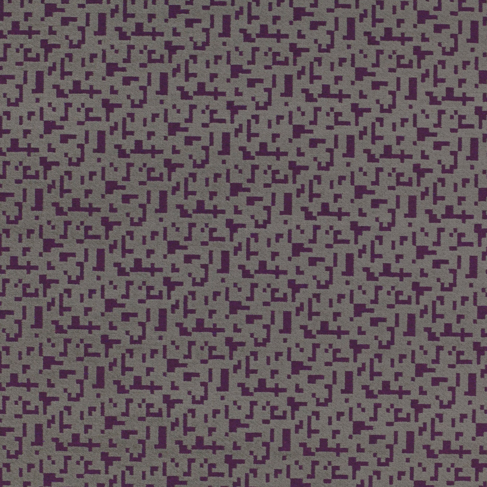Muted grey-mauve woven ground with dense electric-purple pixel blocks