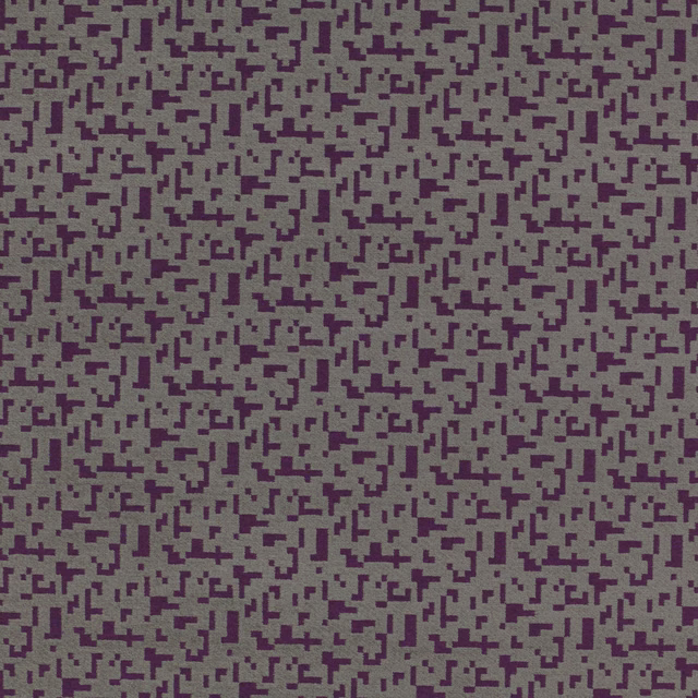 Muted grey-mauve woven ground with dense electric-purple pixel blocks