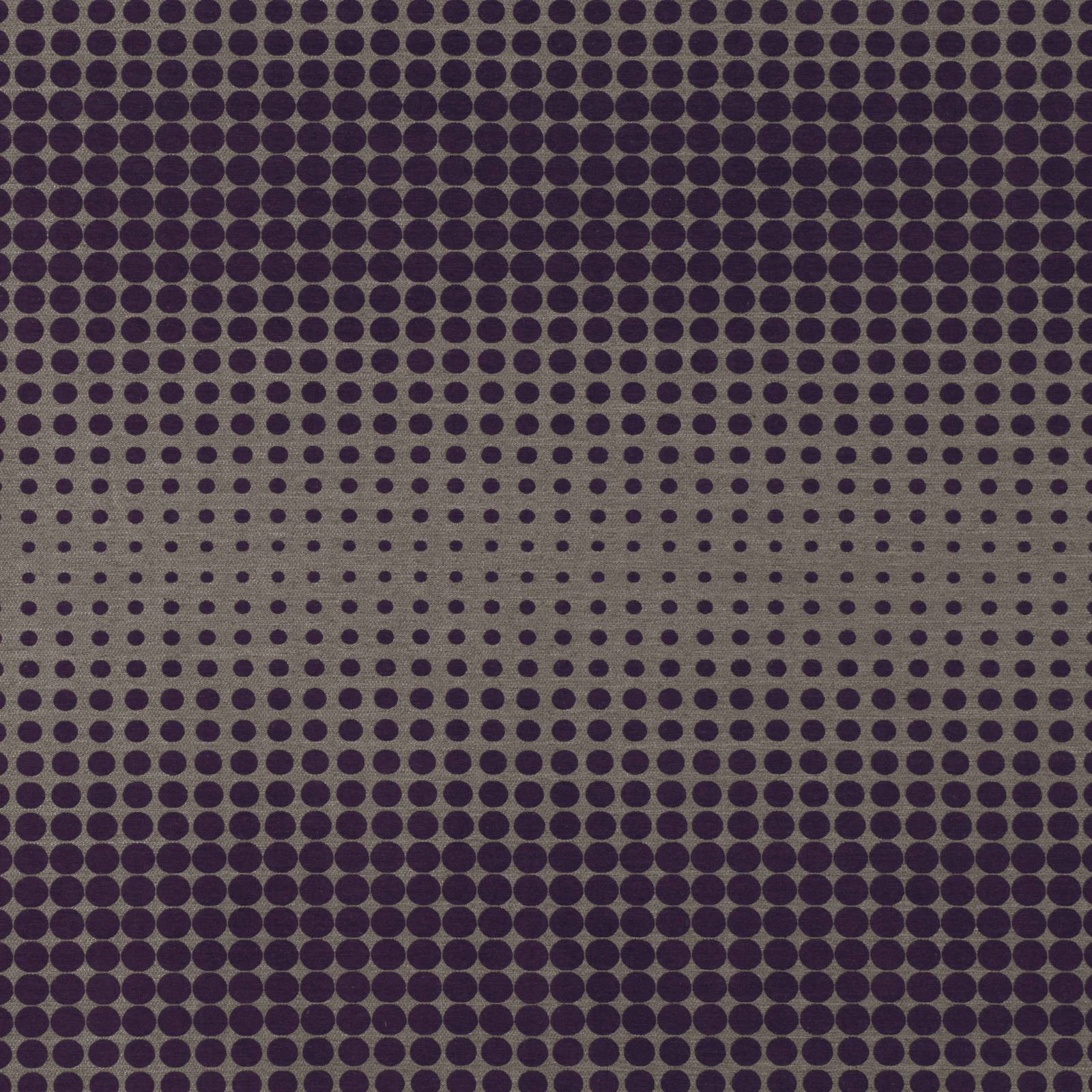 Midnight purple woven fabric with graduating rows of dark circular dots on taupe-grey