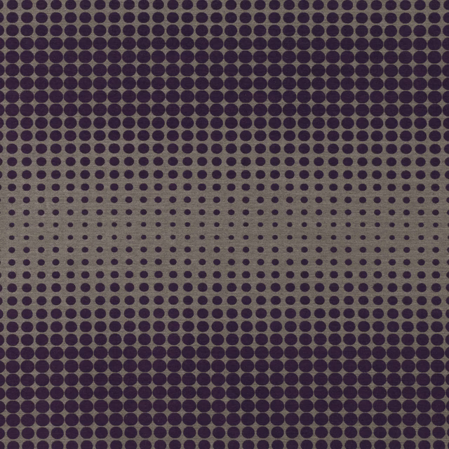 Midnight purple woven fabric with graduating rows of dark circular dots on taupe-grey