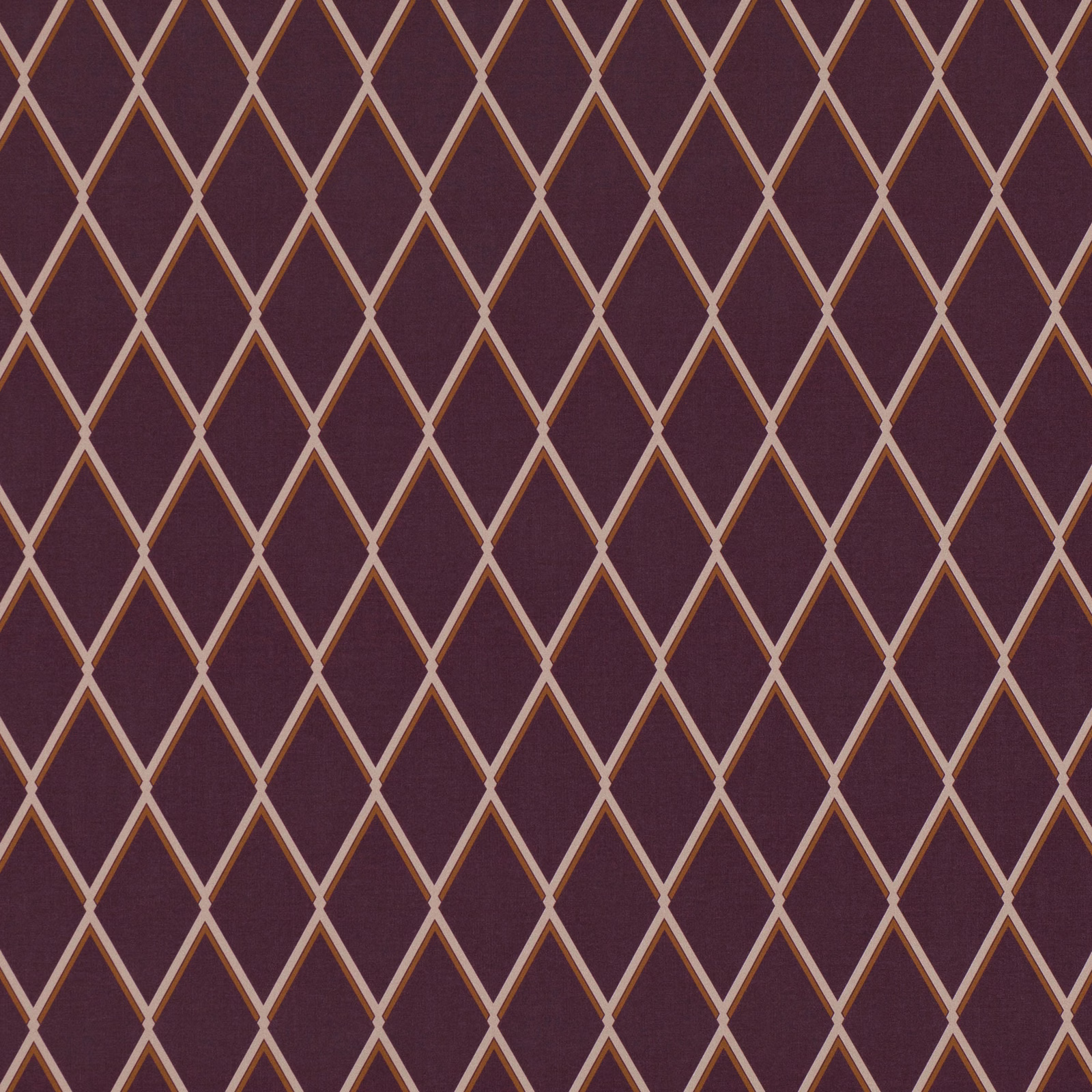 Deep plum woven ground with warm beige geometric diamond trellis lines