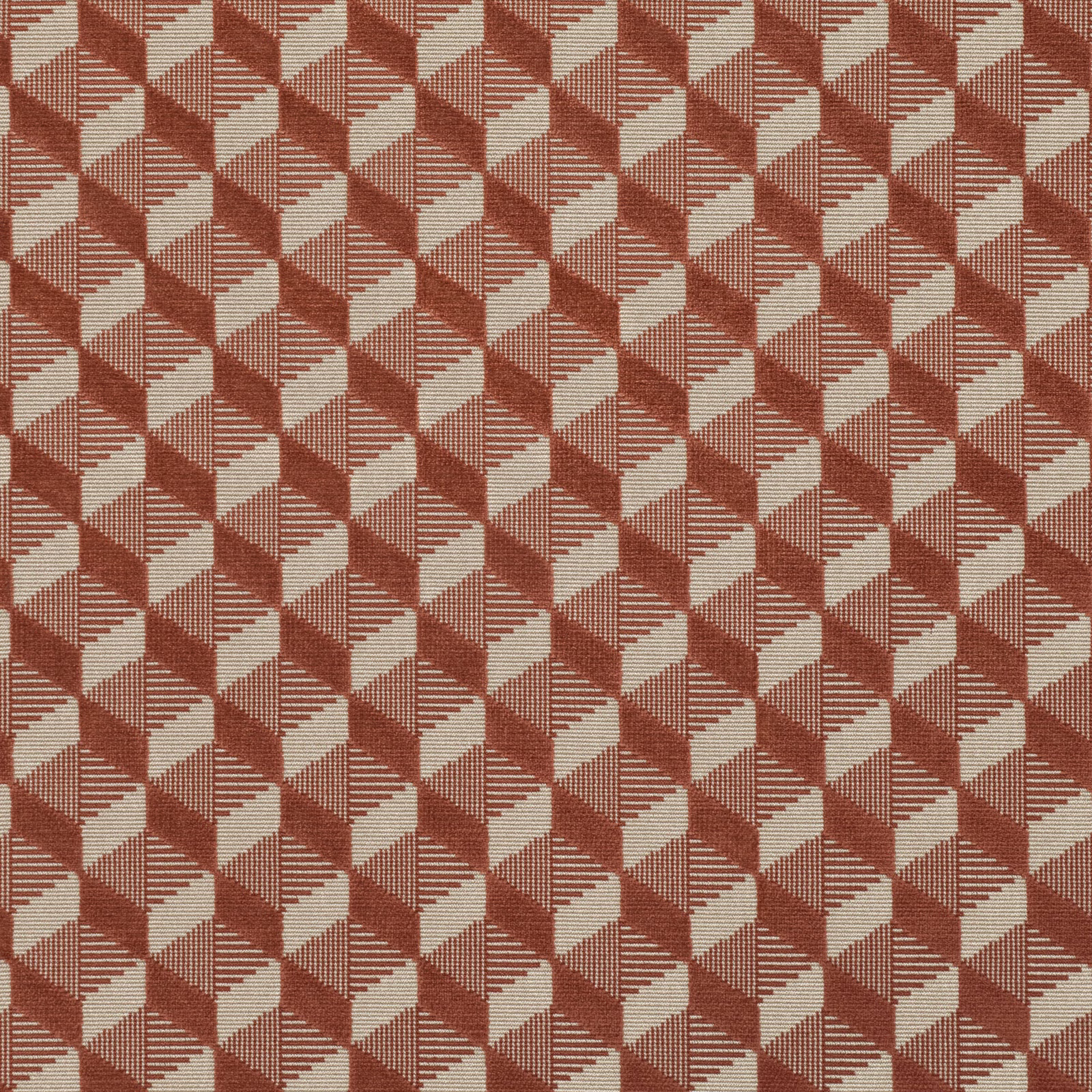 Burnt orange woven fabric with warm ivory geometric cubes and fine ribbed lines