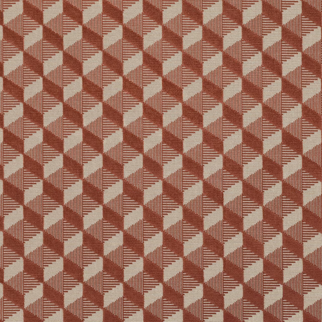 Burnt orange woven fabric with warm ivory geometric cubes and fine ribbed lines