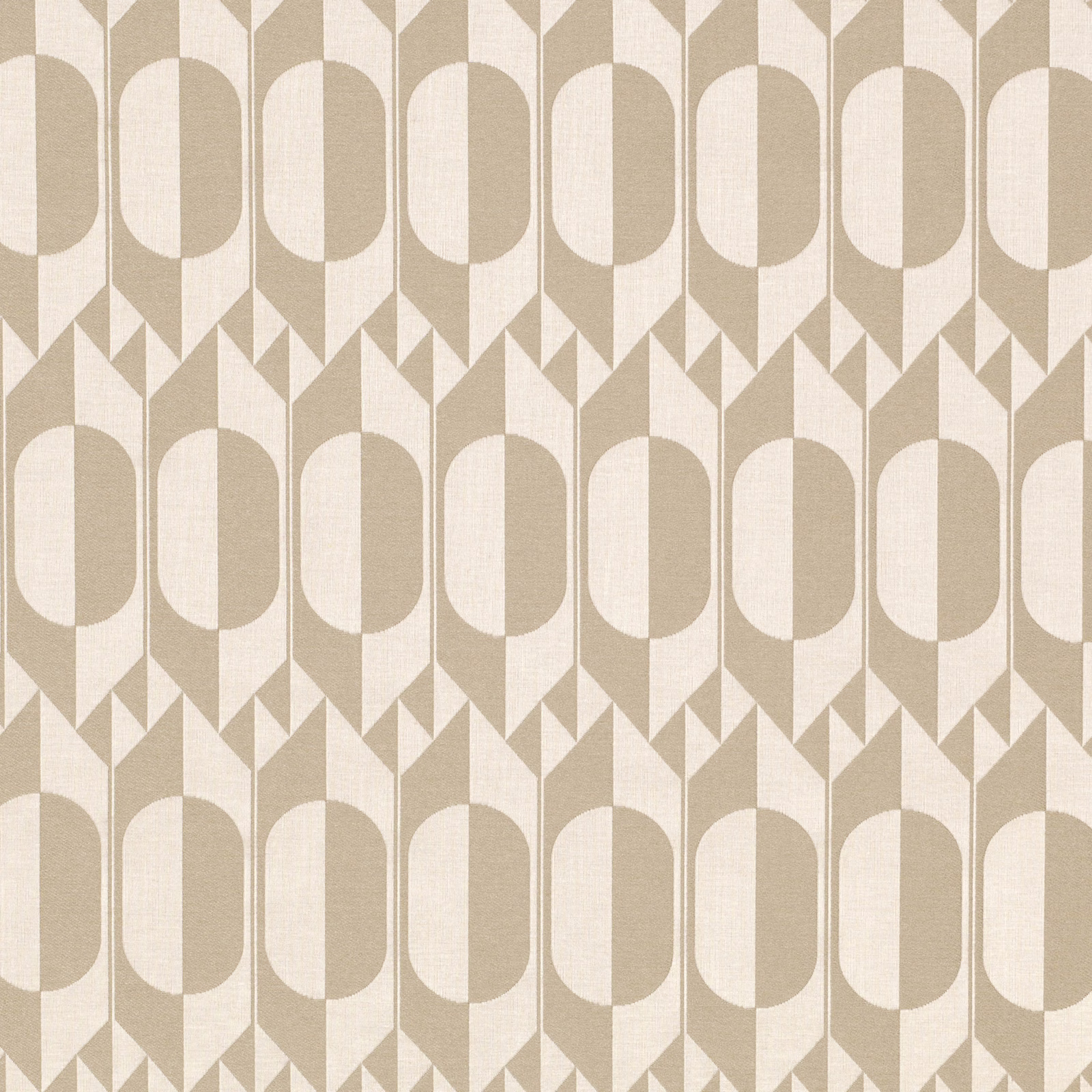 Biscuit and ivory woven fabric with repeating arches, panels and small triangular motifs