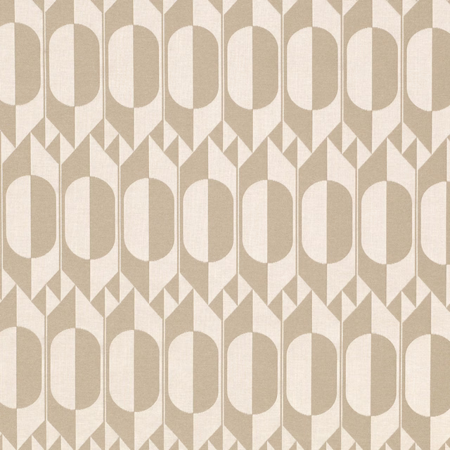 Biscuit and ivory woven fabric with repeating arches, panels and small triangular motifs