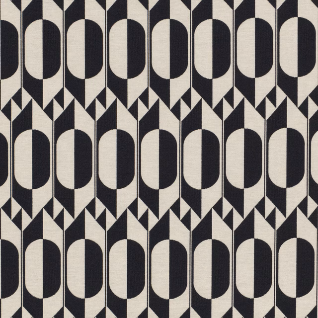 Black and ivory geometric woven fabric with repeating oval arches and pointed accents