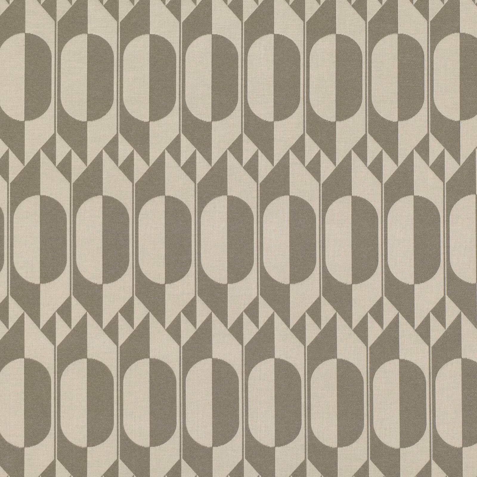Muted olive and cream woven fabric with repeating rounded geometric motifs