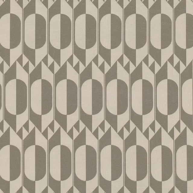 Muted olive and cream woven fabric with repeating rounded geometric motifs