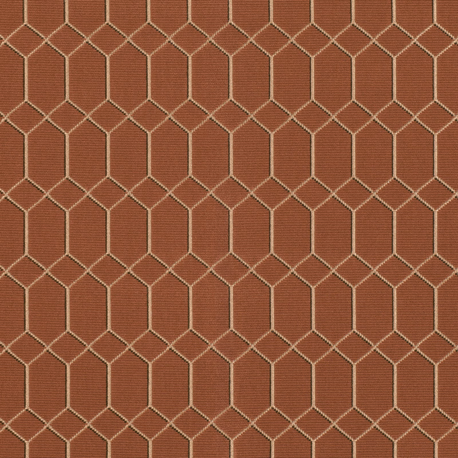 Burnt terracotta woven ground with fine cream lines forming linked elongated hexagons