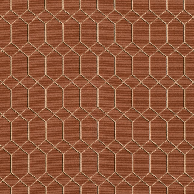 Burnt terracotta woven ground with fine cream lines forming linked elongated hexagons