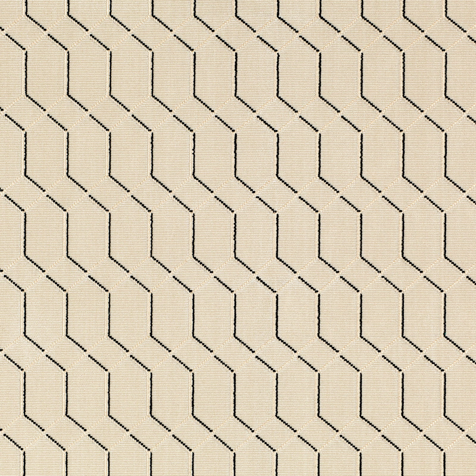 Warm ivory textile with fine ribbing and repeated charcoal angular line motif