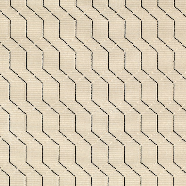 Warm ivory textile with fine ribbing and repeated charcoal angular line motif