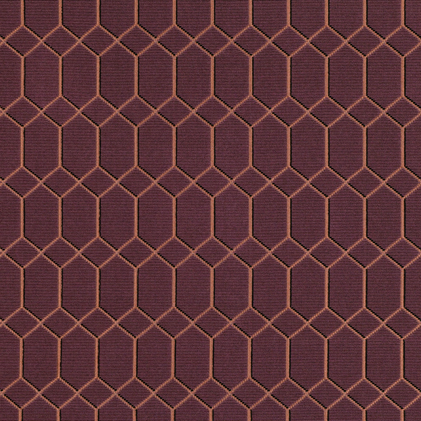 Deep plum woven fabric with copper-lined elongated hexagons in repeating rows