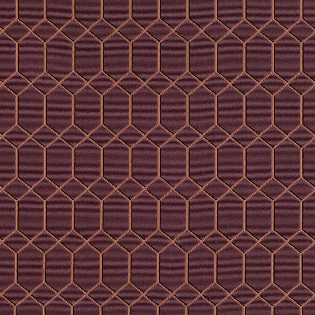 Deep plum woven fabric with copper-lined elongated hexagons in repeating rows