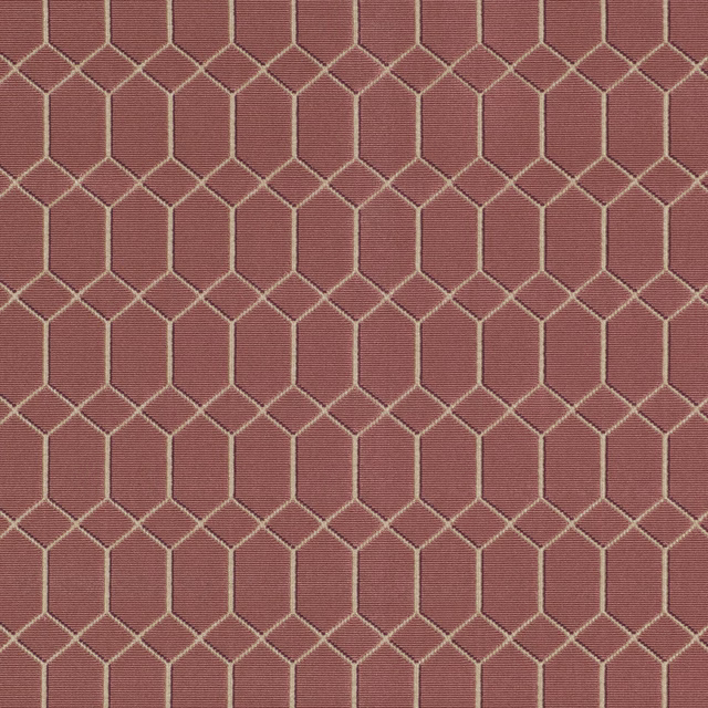 Dusty vintage rose woven fabric with pale beige interlocking geometric lattice lines