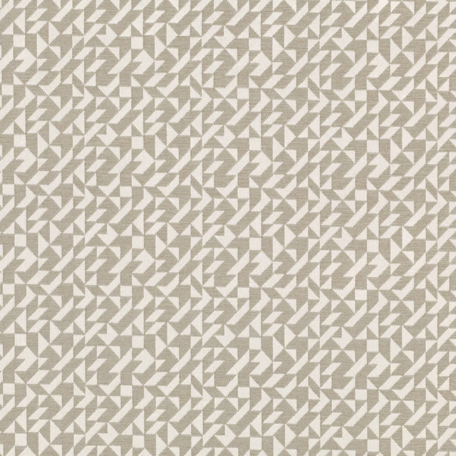 Warm biscuit beige fabric with repeating ivory triangular tessellated geometry and subtle woven texture