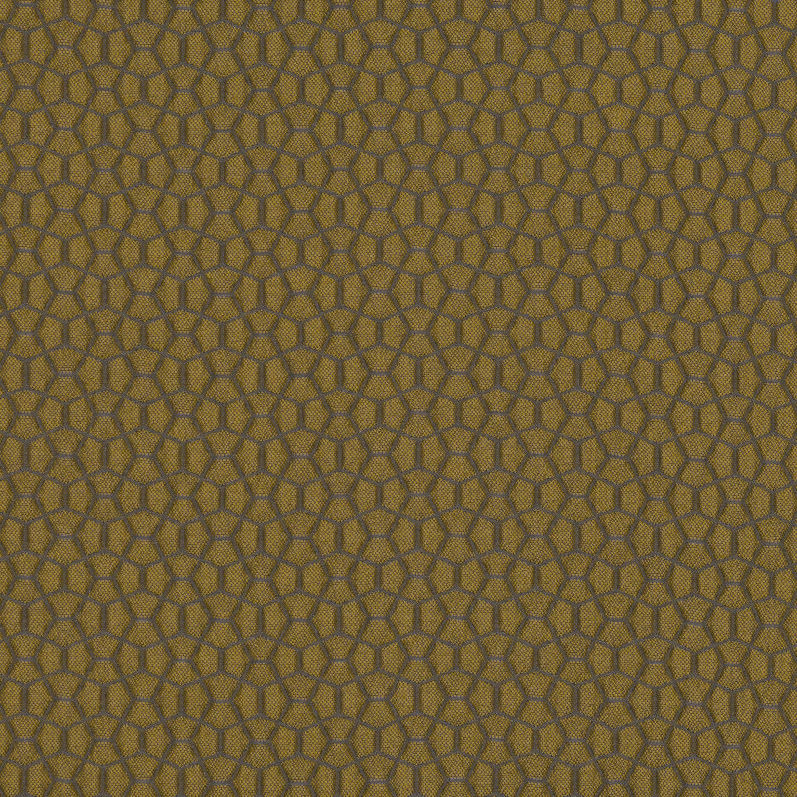 Mustard-gold woven textile with dark irregular cellular lines and tactile surface