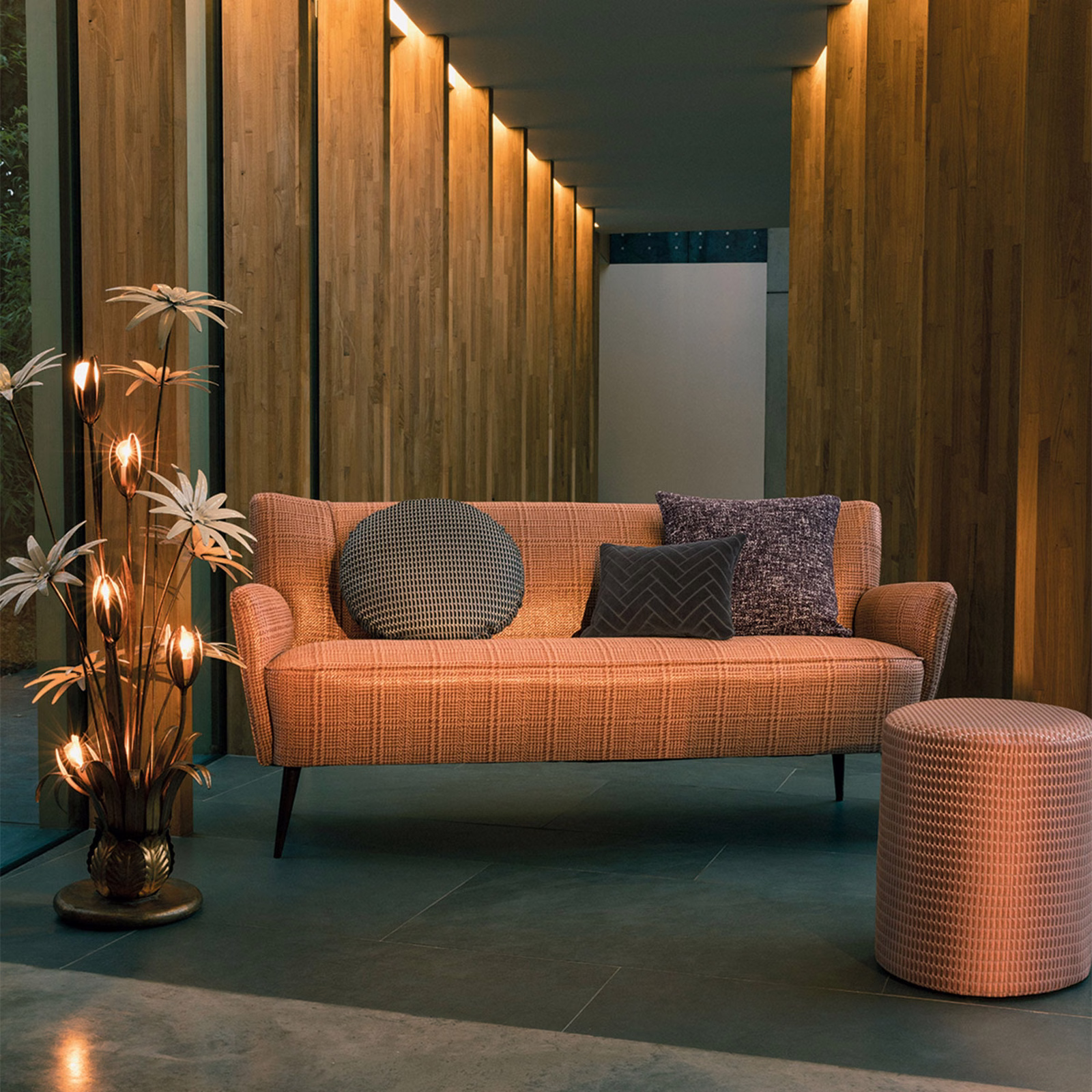 Warm copper upholstery with a fine dark check and softly textured weave