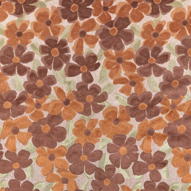 Terracotta floral fabric with plum-brown blooms, sage leaves and a softly textured ground