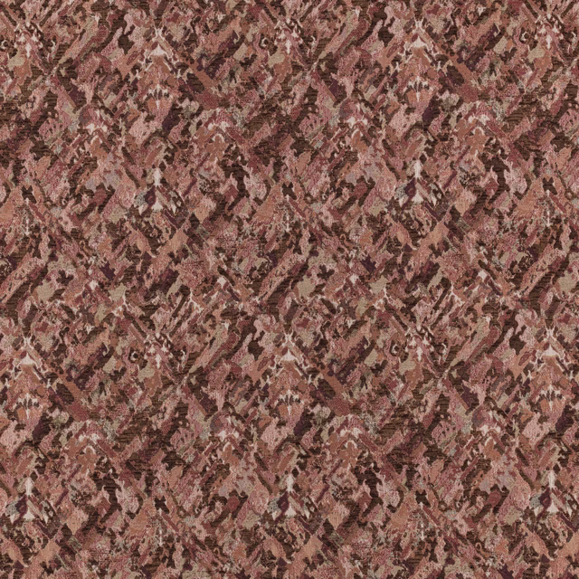Brick-toned abstract woven fabric with blush, brown and cream broken motifs