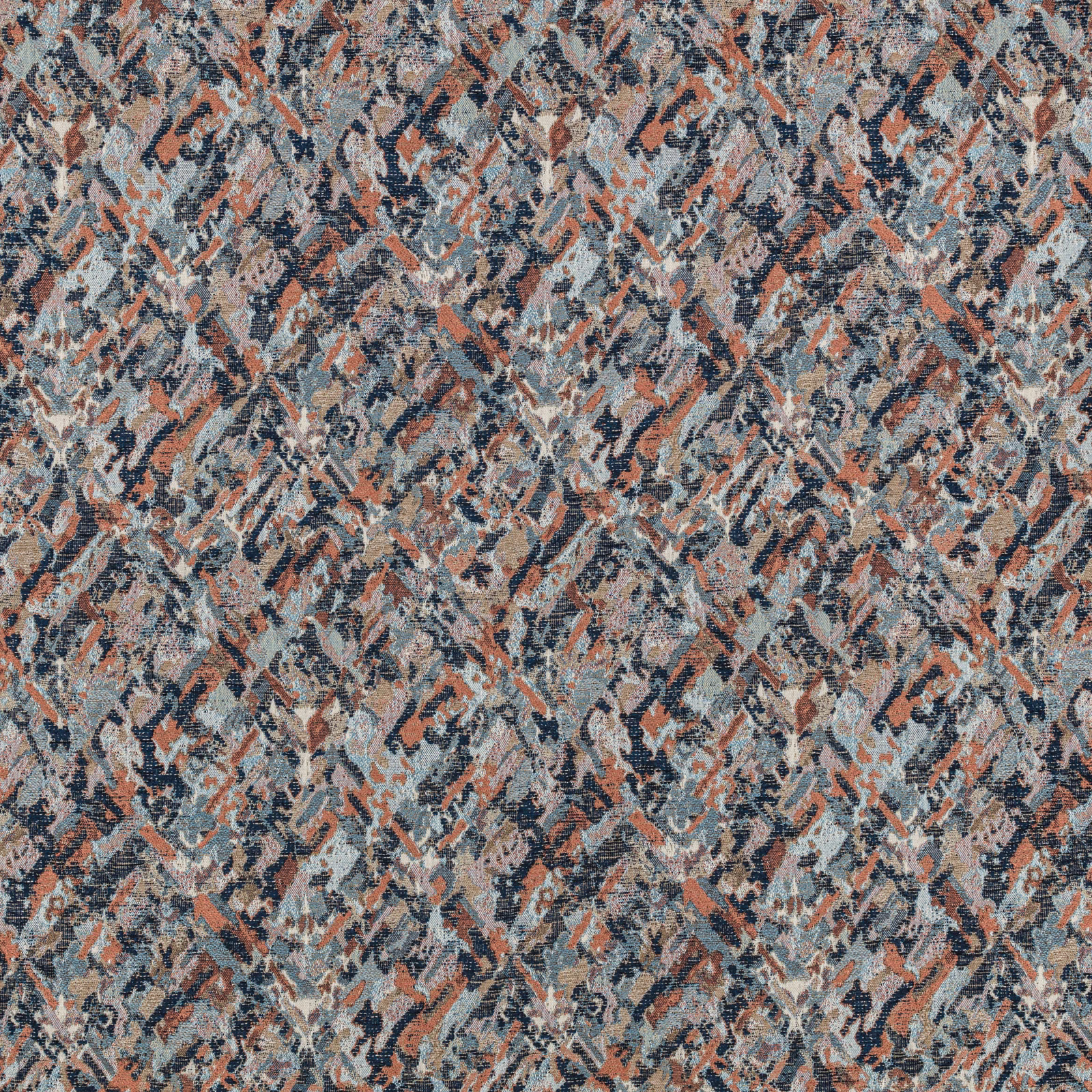 Cool grey woven fabric with blue, cream and terracotta abstract brush marks