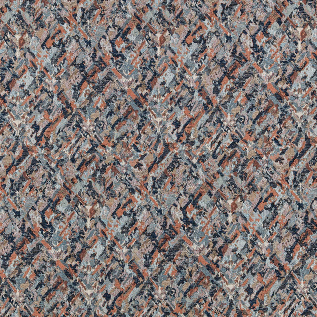 Cool grey woven fabric with blue, cream and terracotta abstract brush marks