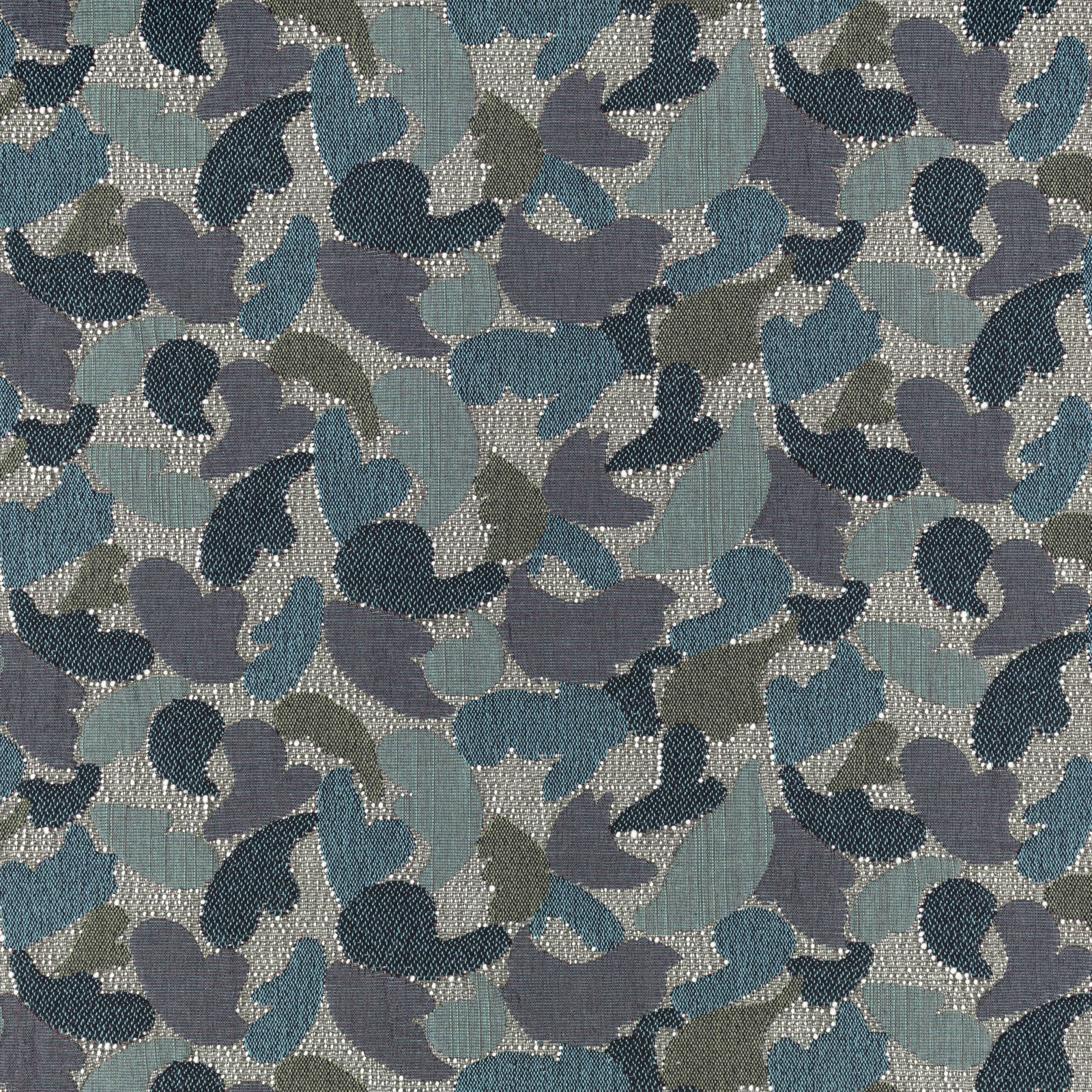 Bluegrass woven fabric with slate, teal, olive and cream abstract organic shapes