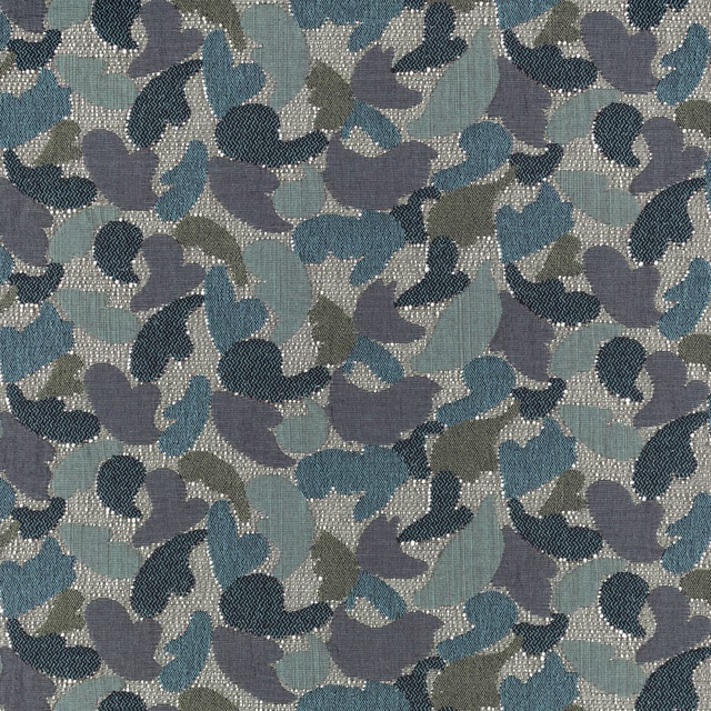 Bluegrass woven fabric with slate, teal, olive and cream abstract organic shapes