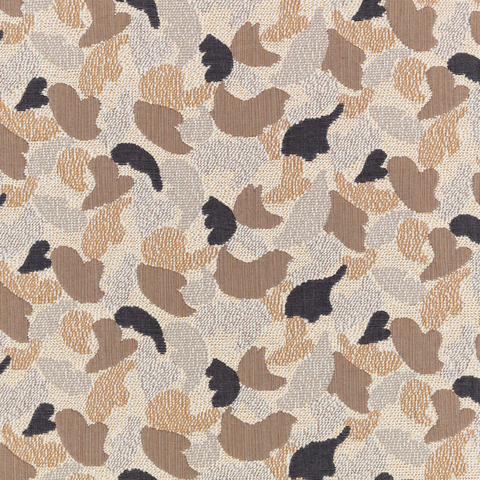 Cream woven fabric with taupe, sand and charcoal abstract petal-like motifs