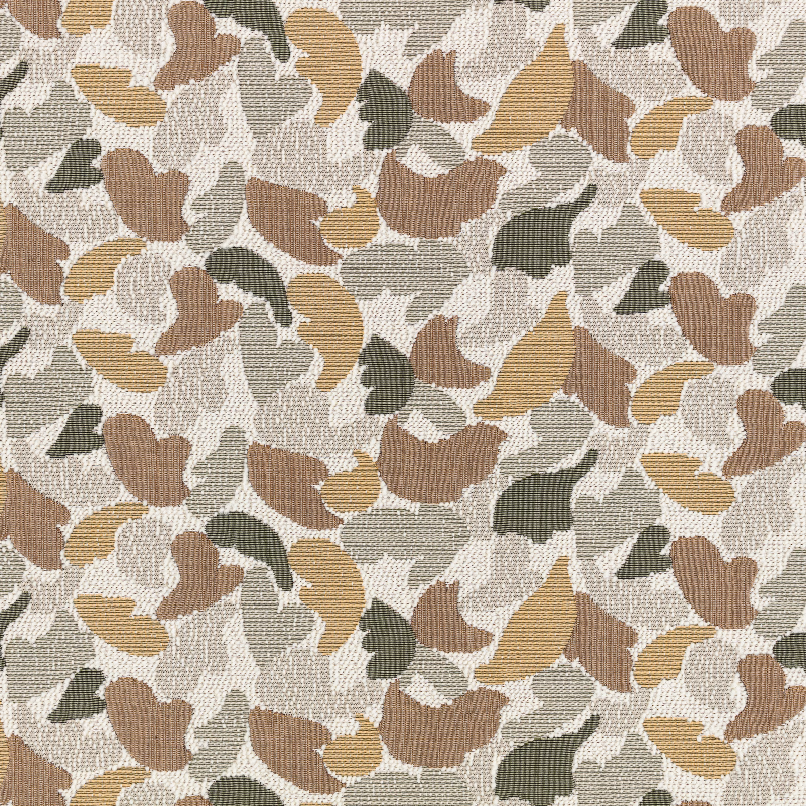 Pistachio-toned woven fabric with cream, taupe, ochre and olive abstract leaf motifs
