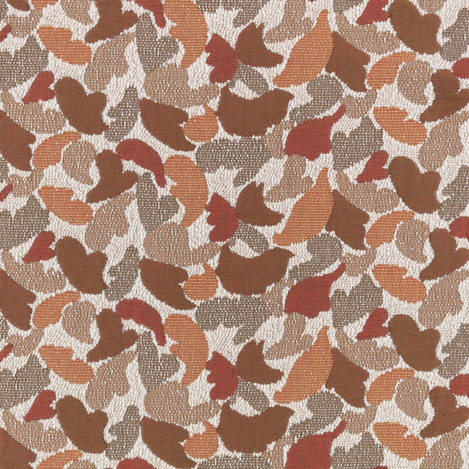 Terracotta, rust, brown and cream abstract leaf-like woven textile close-up