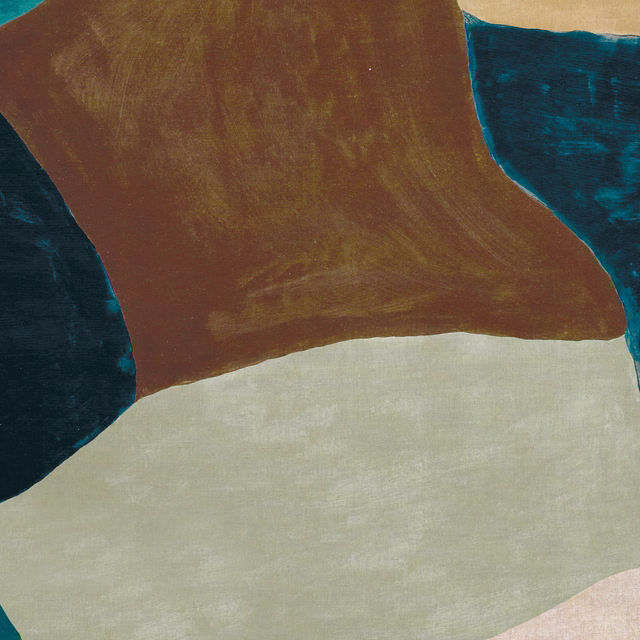 Abstract fabric with rust brown, deep teal, pale sage and blush colour blocks