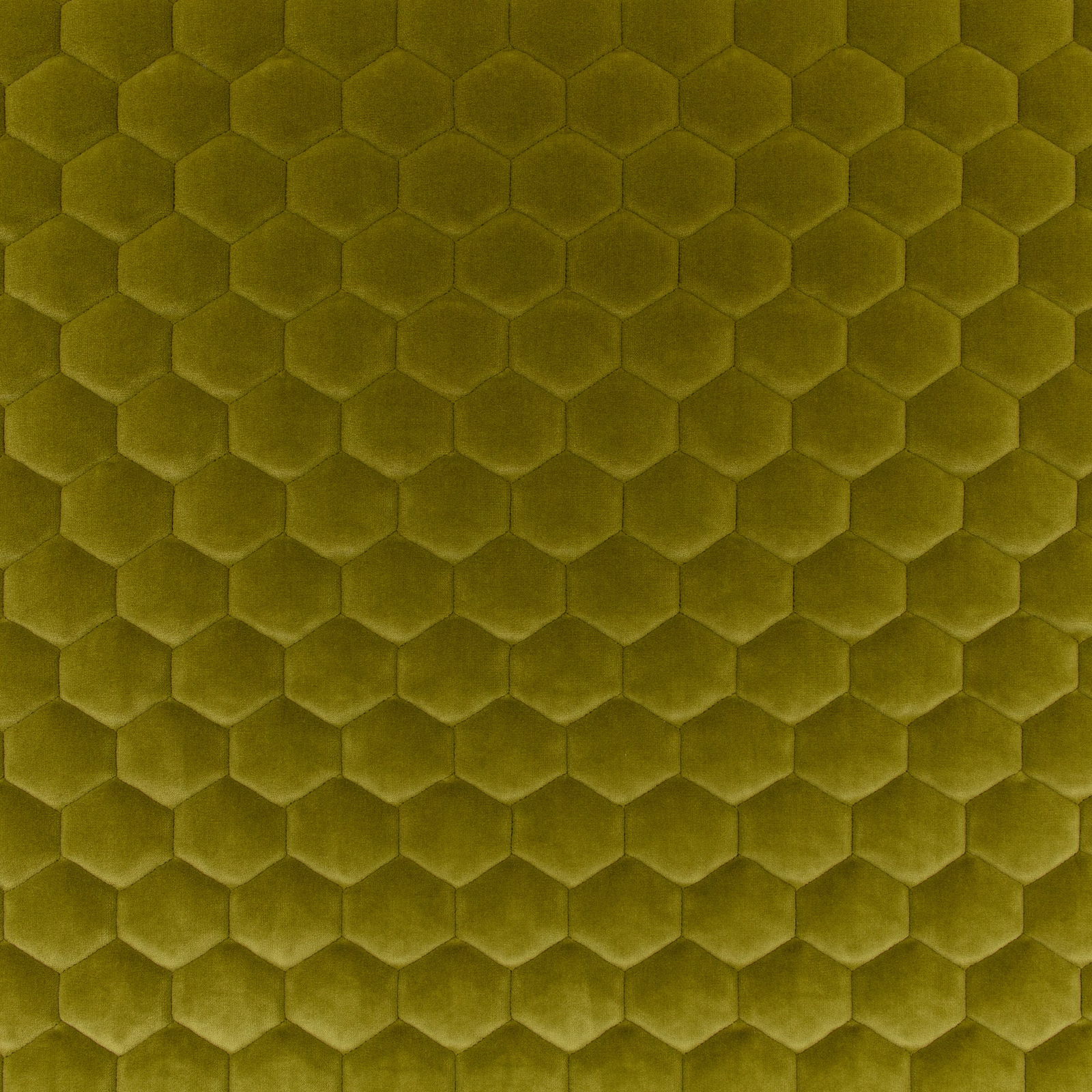 Moss olive-green plush textile with a raised, repeating hexagonal honeycomb surface