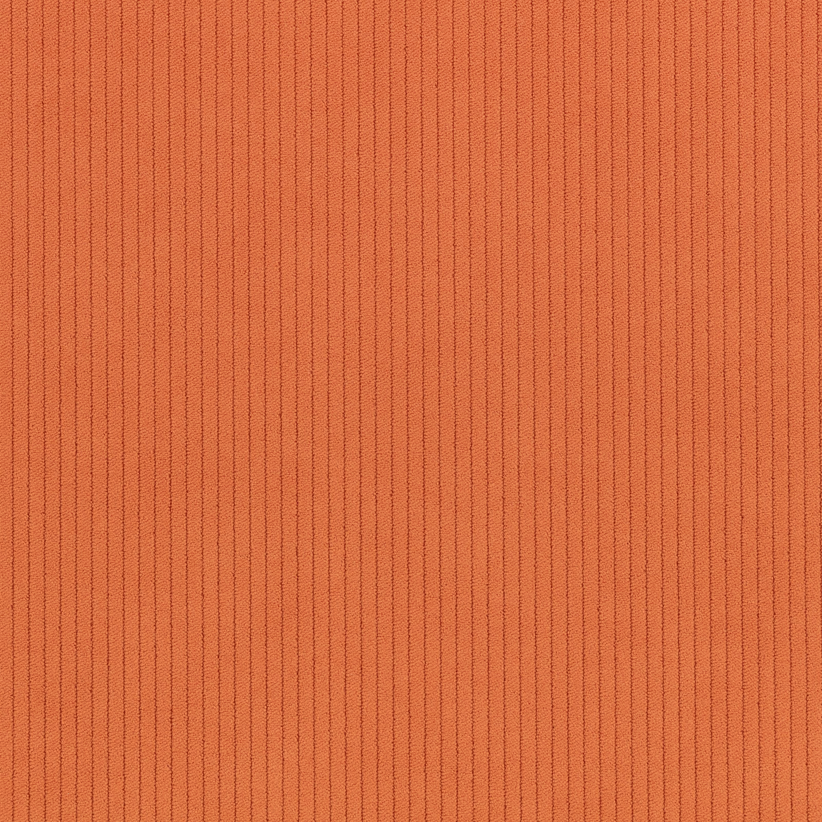 Warm tangerine fabric swatch with fine, dark-shadowed vertical cord ribs