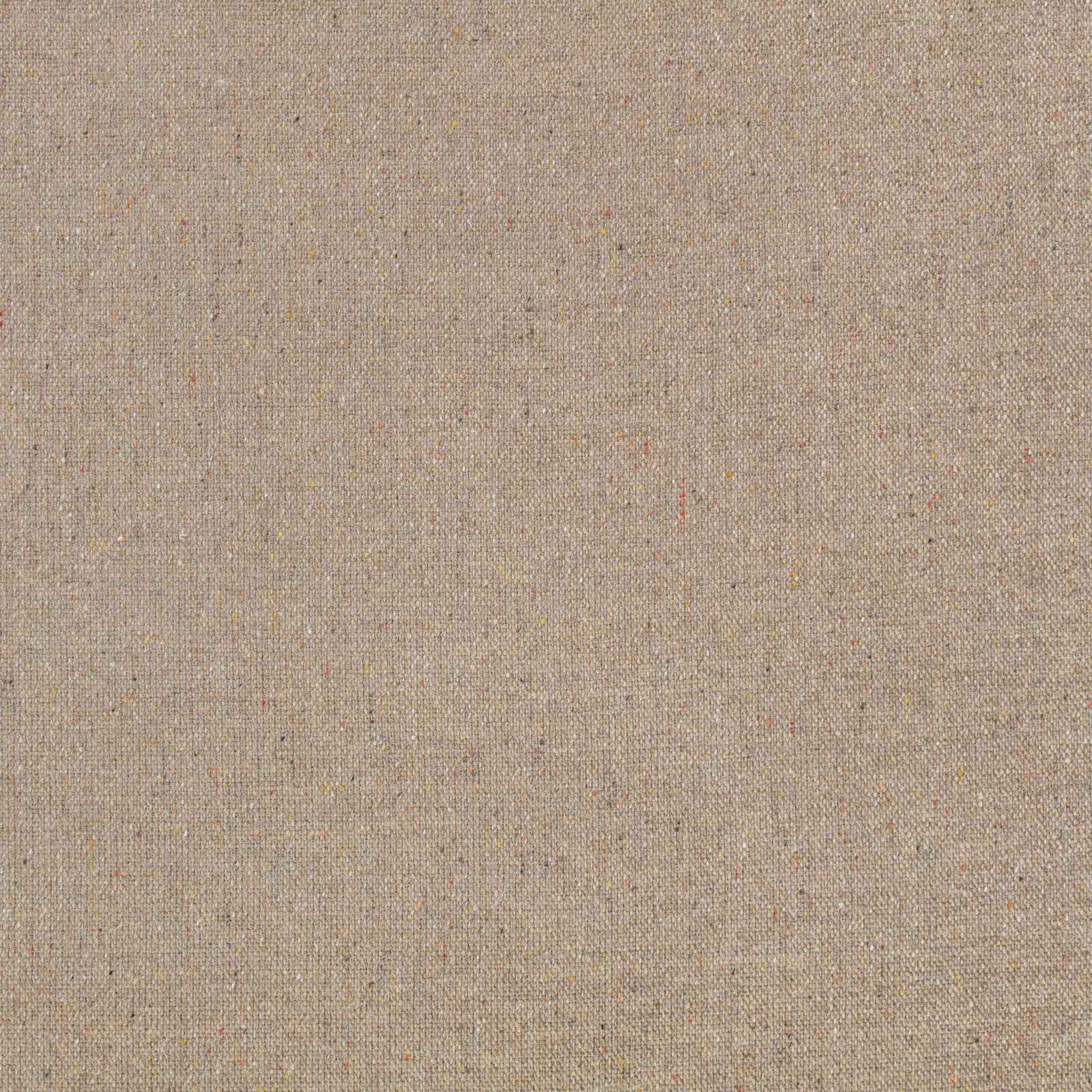 Warm putty beige upholstery fabric with fine charcoal and rust flecks in a tight weave