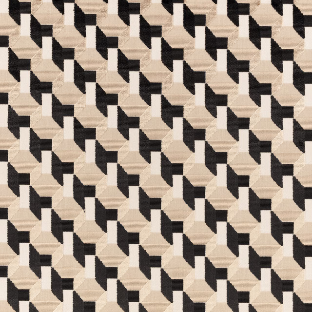 Warm ivory woven fabric with repeating black angular cube motifs