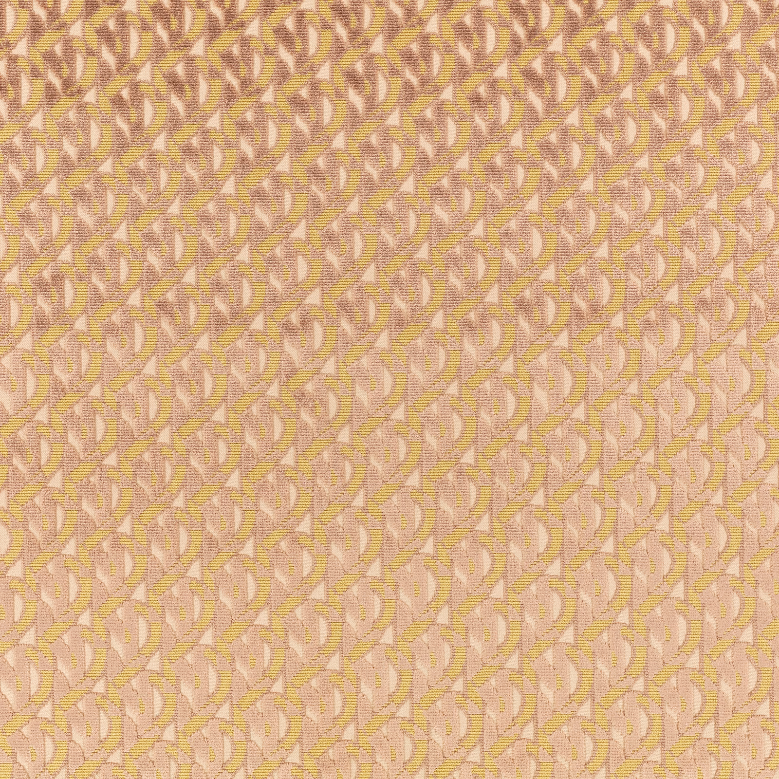 Blush pink woven fabric with small ochre and cream curved monogram motifs