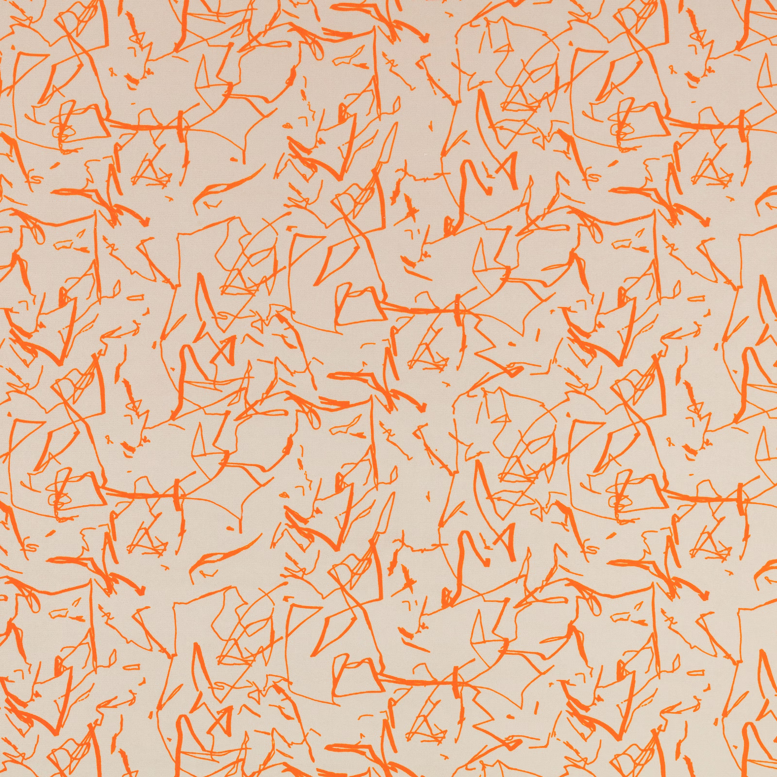 Tangerine scribble lines scattered across a pale grey woven fabric