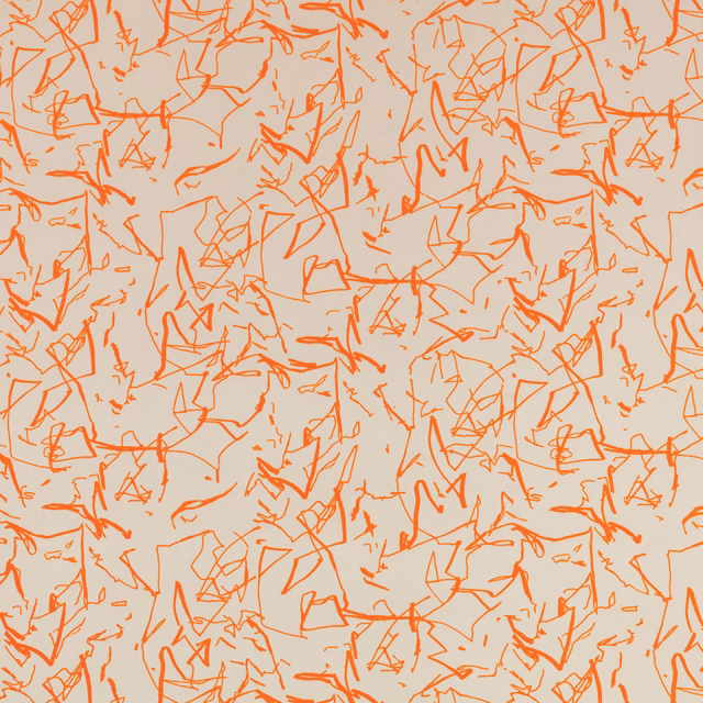Tangerine scribble lines scattered across a pale grey woven fabric