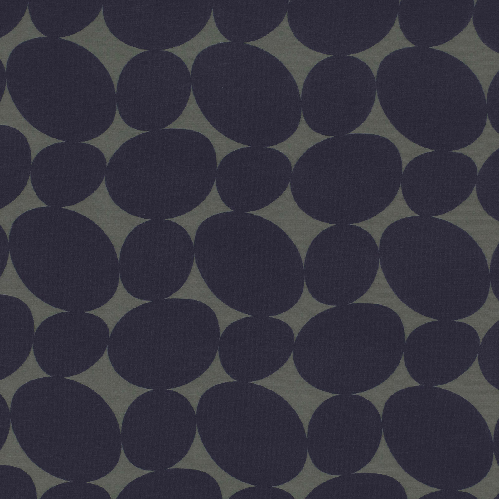 Deep navy organic circles on a muted olive-grey woven fabric