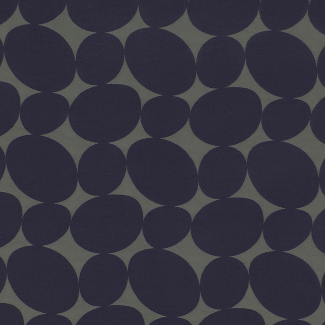 Deep navy organic circles on a muted olive-grey woven fabric