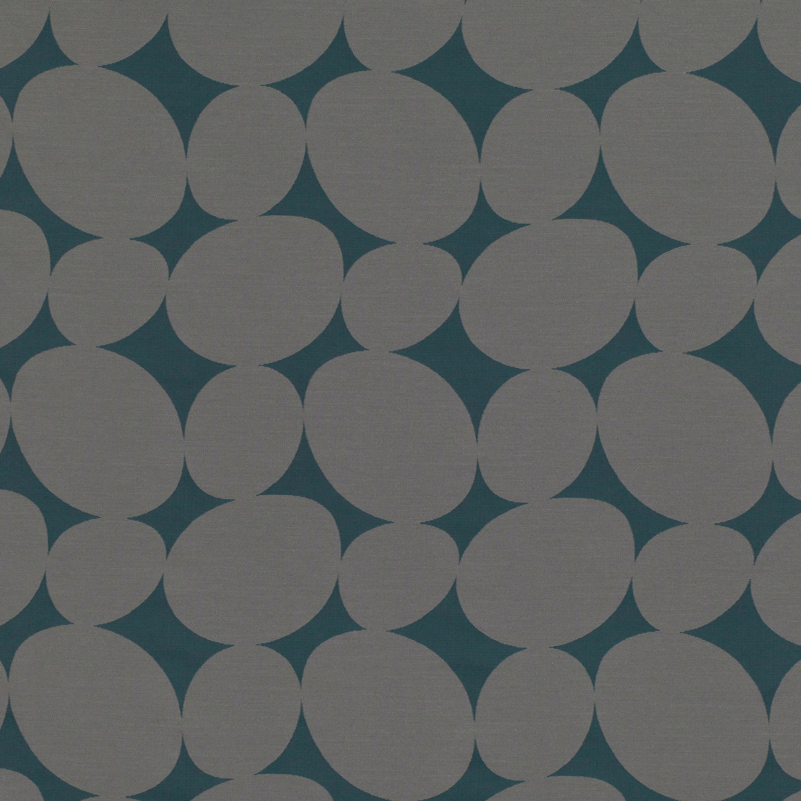 Muted teal ground with large interlocking stone-grey circular shapes and woven texture