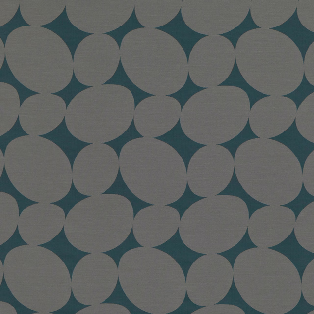 Muted teal ground with large interlocking stone-grey circular shapes and woven texture
