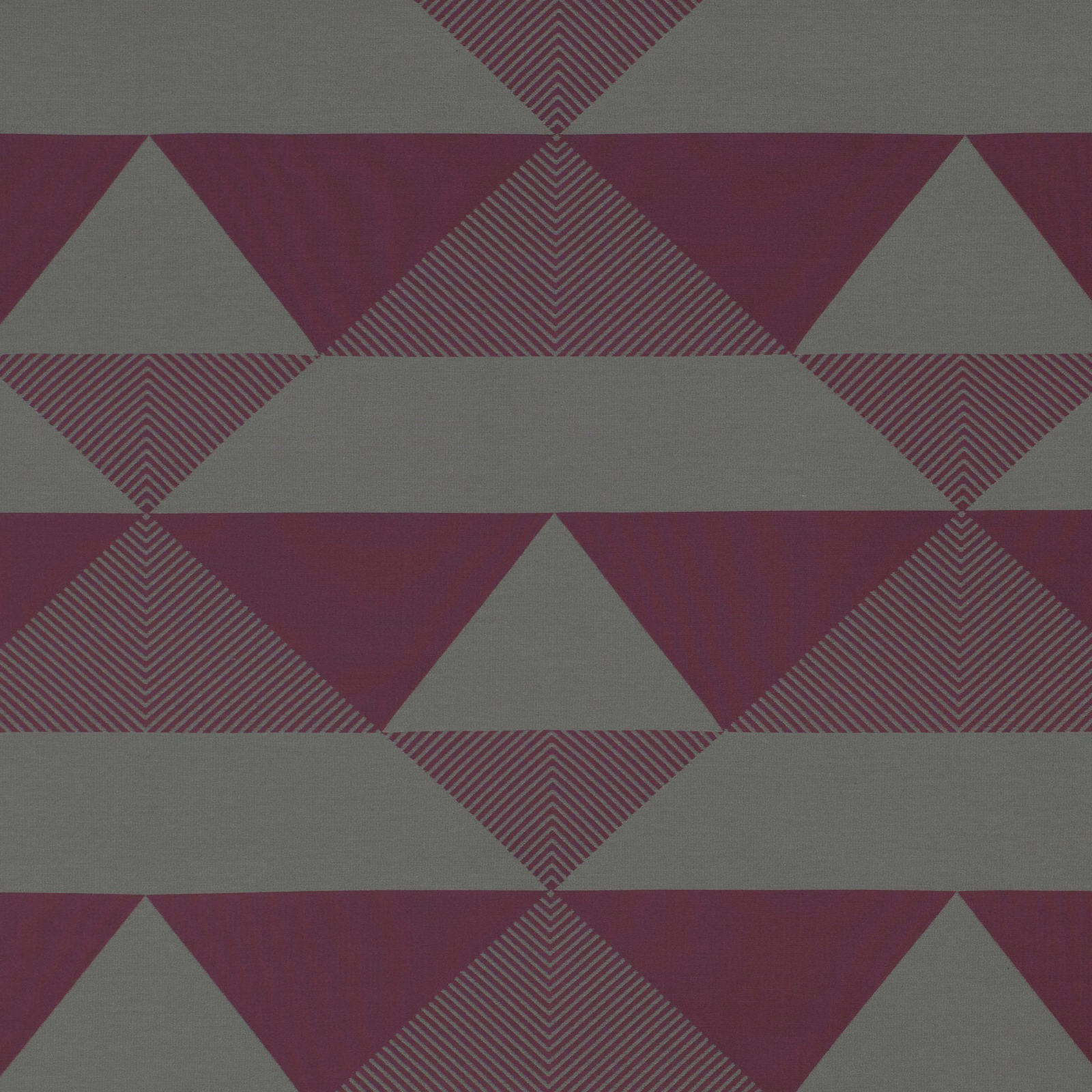 Berry and grey-green geometric fabric with striped diamond motifs and large triangles