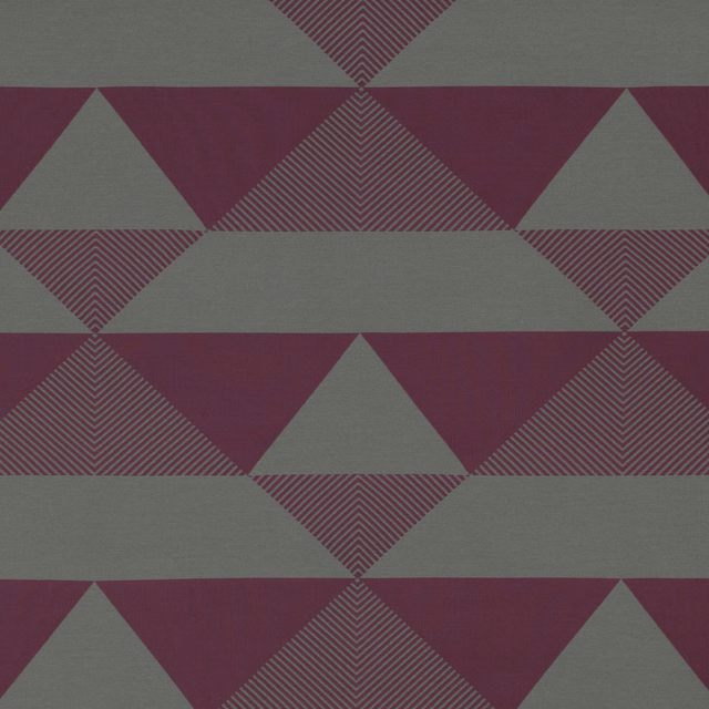 Berry and grey-green geometric fabric with striped diamond motifs and large triangles